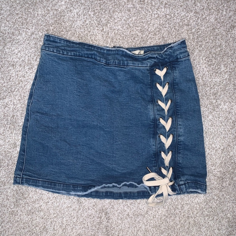 Denim Mini Skirt with Lace Up Detail and Back Zipper Size s